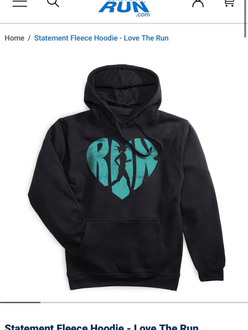 Black Fleece Hoodie with Teal 'RUN' Heart Graphic